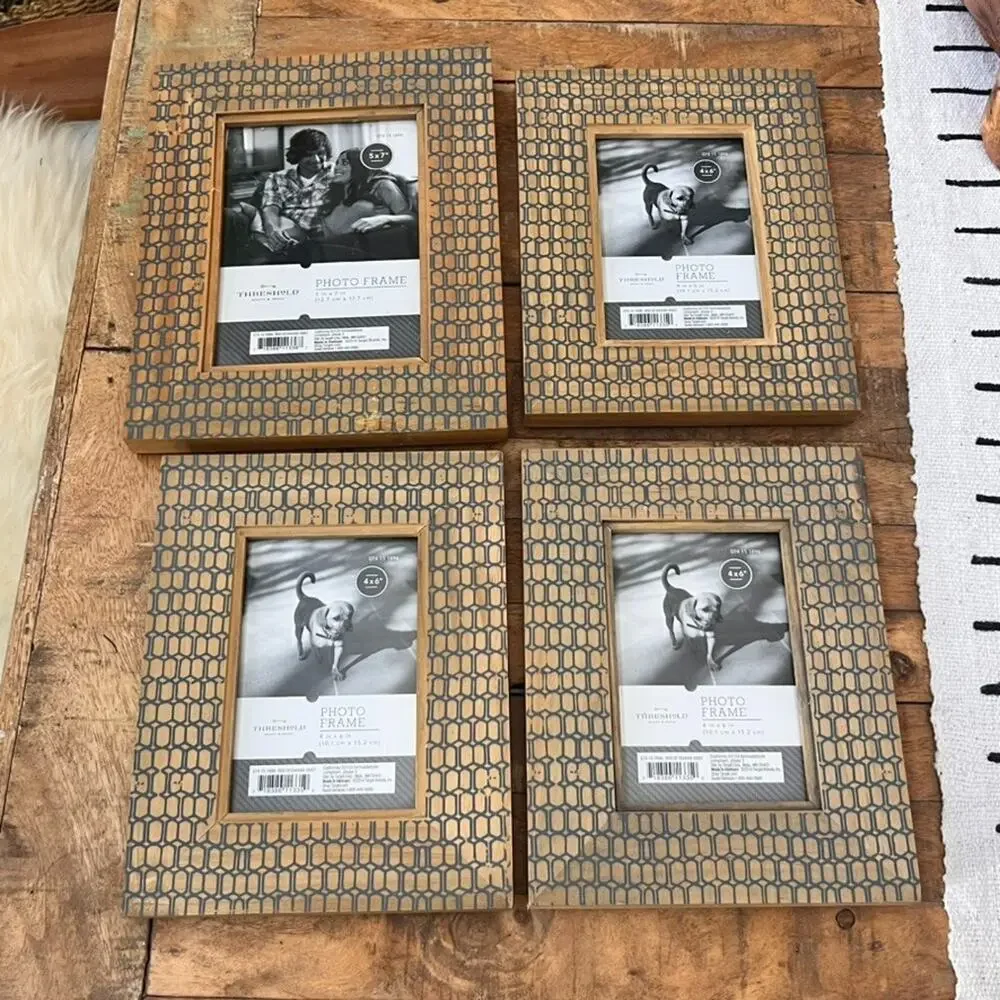 Threshold Natural Wood Picture Frames Set of 4 Blue Geometric Overlay